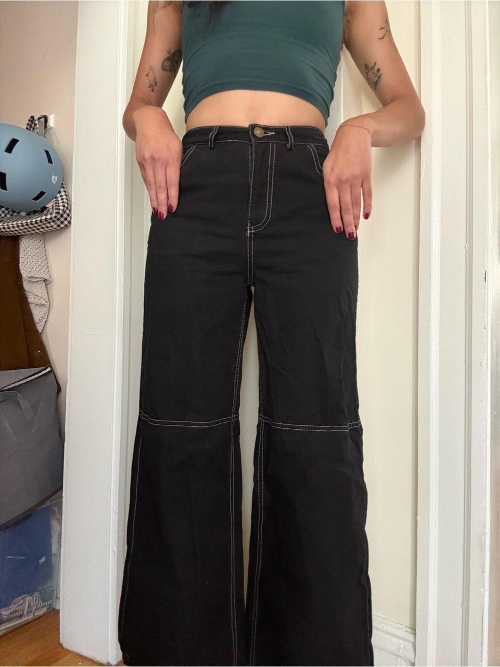 Princess Polly Black Wide-Leg Stitch-Detail Jeans